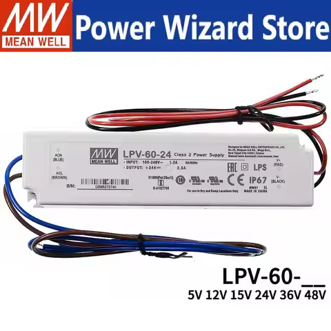 MEAN WELL LPV-60 Series 60W Power Supply IP67 For LED Lighting LPV-60-5 LPV-60-12 LPV-60-15 LPV-60-2