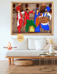 Seni Dinding Penari Bhangra Gidda Punjabi Meriah | Poster Budaya Sikh Sardar | Raikan Lohri & Baisak