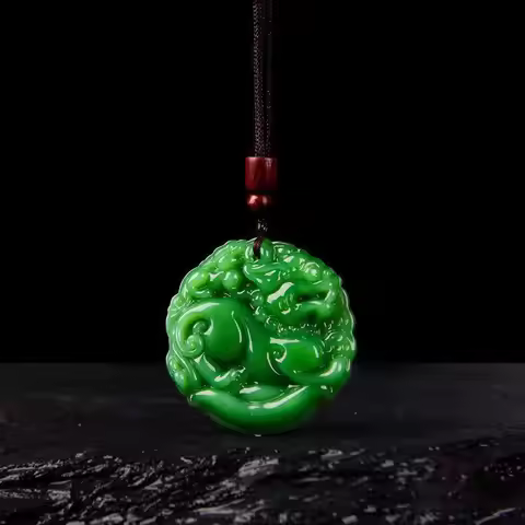 Fashion Green Jade Hand-Carved Fox Koi Hollow Jade Pendant Necklace Multicolor Chinese Amulet Women 