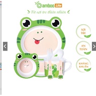 Khay ăn dặm ẾCH XANH cho bé sợi tre Bamboo Life BL040 gồm 5 chi tiết gồm thìa dĩa khay bát cốc dành 
