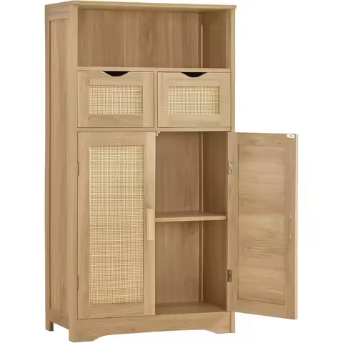 Iwell Storage Cabinet with 2 Drawers & Adjustable Shelves, Pantry Cabinet with 2 Doors, Cupboard, Fl