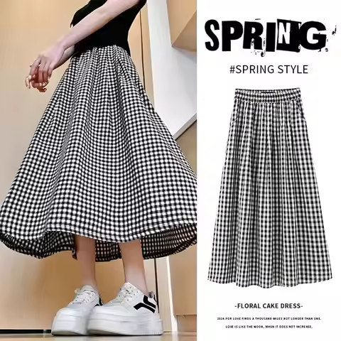 Black White Checkered A-line Skirt Women Summer Lightweight High Waisted Long Skirt for Petite Slimm