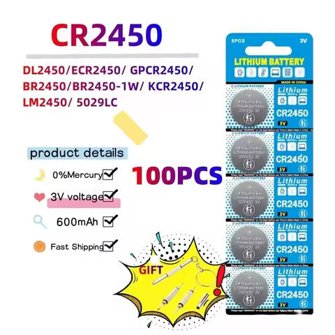 100PCS CR2450 3V 600mAh Buttom Batteries CR 2450 5029LC LM2450 DL2450 CR2450N BR2450 Lithium Coin Ce