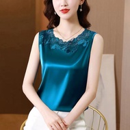 Korean Plus Size M-5XL Women Silk Satin T-shirt female Casual sleeveless lace Top