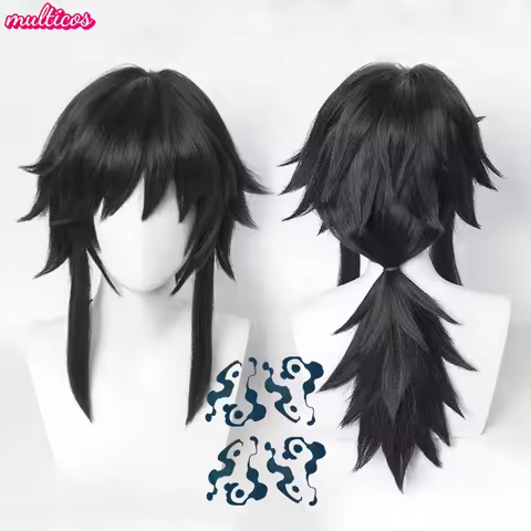 High Quality Anime Tomioka Giyuu Cosplay Wig 40cm Black Ponytail Heat Resistant Synthetic Hair Party