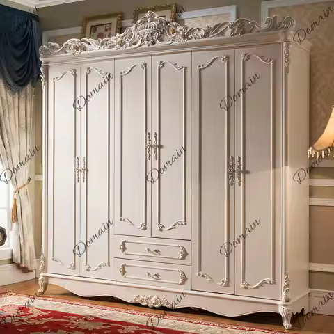 European six-door wardrobe solid wood carving flower large wardrobe six-door bedroom storage locker 