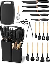 Kitchen Knife Set 19 Pieces - Kitchen Utensils Set with 5 Knives and 12 Silicone Kitchen Utensils, C