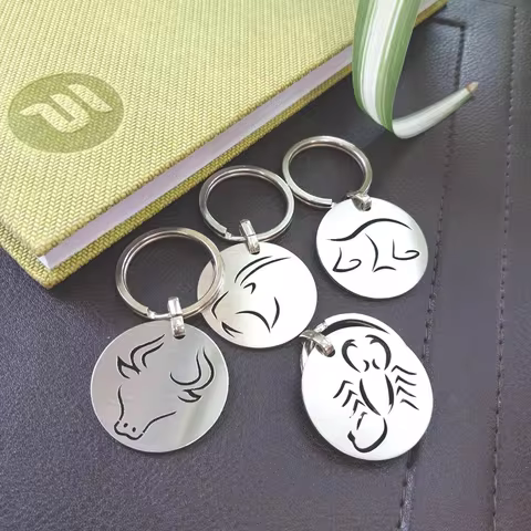 Stainless Steel Custom Zodiac Sign Keychain 4 Colors Black Gold Silver Rose Gold Round Aries Engrave