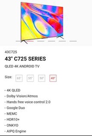 全新TCL 43" 4K Qled雙杜比 Android Smart TV