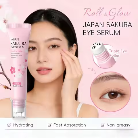 LAIKOU Sakura Roller Eye Serum 15ml Hydrating Reduce Dark Circles Puffiness Anti-Aging Brightening F