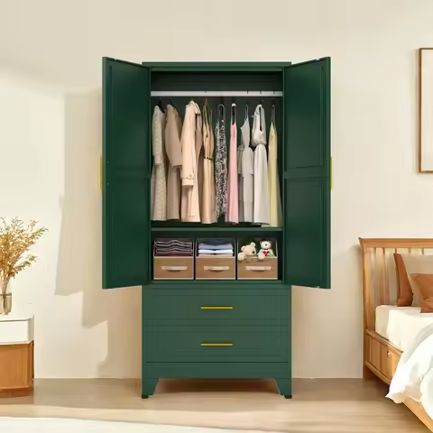 Green 71" Metal Armoire Wardrobe Closet, Bedroom Clothing Storage Cabinet with 2 Drawers and Hanging