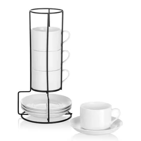 8oz Porcelain Stackable Cappuccino Cups with Saucers and Metal Stand Set of 4, Cappuccino Cups Set o