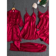 5PC Silk Robe Sleep Suit Womens Lace Satin Pajamas Gown Set