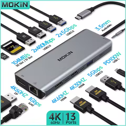 MOKiN 13 in 1 Docking Station for MacBook Air/Pro, iPad, Thunderbolt Laptop - HDMI 4K30Hz, DP 4K60Hz