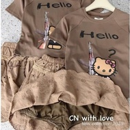 Shirt and skirt set, lady's skirt set, printed zip top set with embossed floral lace skirt K87