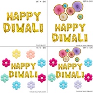[Sg Instock] Happy Diwali Foil Balloon Set / Deepavali Decor Paper Fan Flowers Decoration