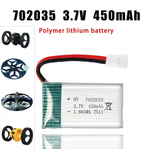 High-rate 702035/3.7V/450mAh/20C lithium battery and charger, suitable as parts for quadcopter drone