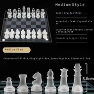 【Jime Shops】 Craft Crystal Glass Luxury Chess Set Chess Board Anti-Broken Elegant Glass Chess Pieces