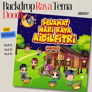 Backdrop RAYA DOODLE 3 Tema Kampung / Hiasan Rumah Terbuka Raya di Pejabat, Sekolah, Rumah