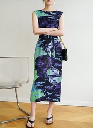 ❉✸ Aiden001 One Size Summer Pleated Slim Side Slit Printed A-Line Dress 6946