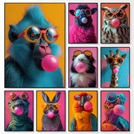 Unframed Pop Art & Funky Wall Art, Bubblegum Blowing Animal Poster, Colorful Sunglasses Print for Co