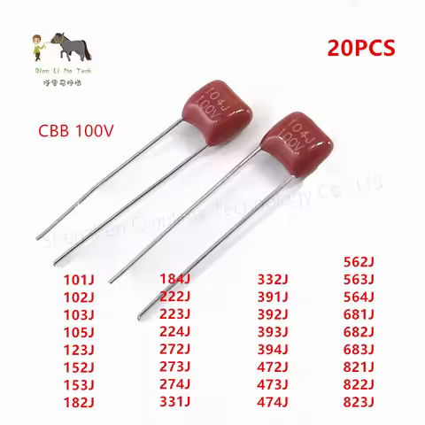 50PCS CBB22 100V p=5mm CBB 101 102 103 123 152 153 182 222 223 224 272 273 274 331 332 391 472 473 4