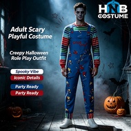 Unisex Adult Chucky Cosplay Costume, Child's Play Horror Jumpsuit with Striped Top, Men Women Hallow