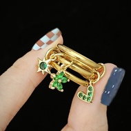 Green Crystal Star Flower Heart Pendant Rings Stack Set For Girls Women Stainless Steel Cute Charms 