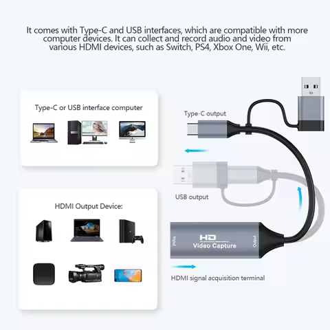 1Pc 1080P USB2.0 Capture Card 4K HDMI-compatible To USB/TYPE-C Capture Video Audio Recording for OBS