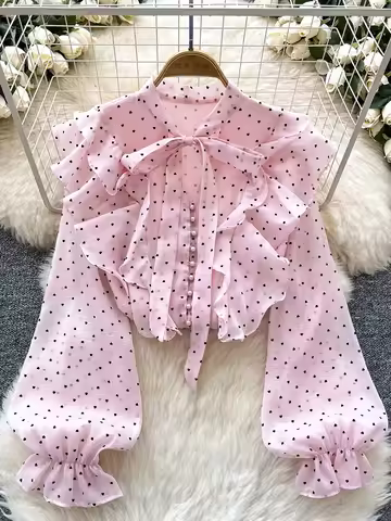 French Sweet Long Sleeved Blouse Women's Clothing Spring Autumn New Bow Ruffle Edge Polka Dot Printe