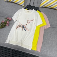 T-shirt Women's Embroidered Fluorescent Yellow Loose Fit Round Neck