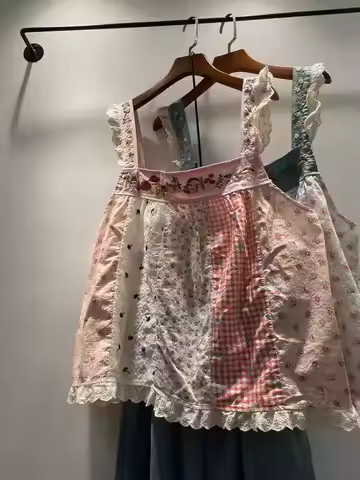 Mori kei Japan fashion sweet lace check print patchwork camisole for women kawaii mushroom embroider