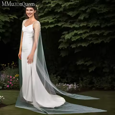 TOPQUEEN MG42 Women's Long Train Pearl Embellished Shawl Bridal Wedding Cape Single Layer Transparen