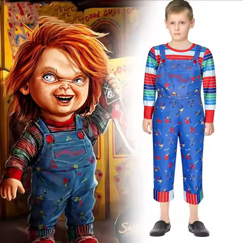 Halloween Costume Chucky Child Play Blue Cartoon Jumpsuit Overalls with Striped Shirt for Kids Adult
