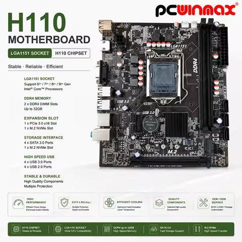 PCWINMAX New H110 Motherboard LGA 1151 DDR4 32GB Micro ATX Supports 6th 7th Generation Processors mA
