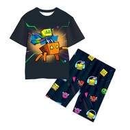 Kid Geometry Video Games Short Pants Set Boys Cartoon Geometry Game Costume 2PCS Clothes 4-12Y