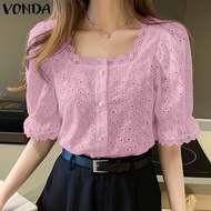 Fancystyle VONDA เสื้อเชิ้ตคอเหลี่ยมทรงหลวมสำหรับผู้หญิงเสื้ออเนกประสงค์แขนพองผูกเชือก