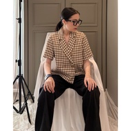 Short Sleeve Blazer Tweed Brown White - Woman At Work Tweed Blazer Woman