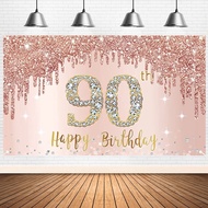 Happy 90th Birthday Banner Backdrop Decorations for Women, Rose Gold 90 Birthday Party Sign Supplies