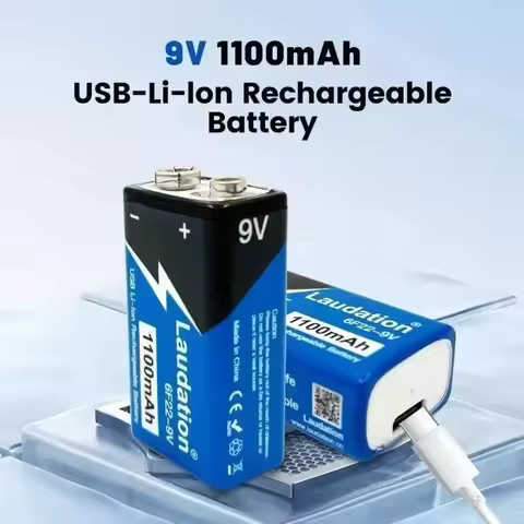 2025 Rechargeable 9V 6F22 Lithium Ion Battery Pack 1100mAh, Type-C Charging for Multimeters, Microph