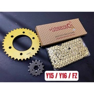 Ori AJI HEAVY DUTY CHAIN + SPROCKET SET 415 Y15 Y150 FZ Y15ZR Y150ZR FZ150 GEAR SPOKET SPOCKET GOLD 