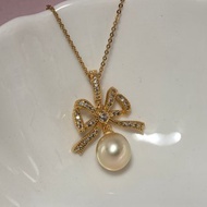 金色蝴蝶結 天然海水珍珠 南洋金珠 S925銀14K注金 吊墜 贈銀項鏈