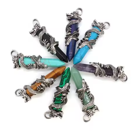 Natural Crystal Quartz Stone Pendant Dragon Wrapped Lapis Lazuli Aventurine Black Onyx Opal Hexagon 
