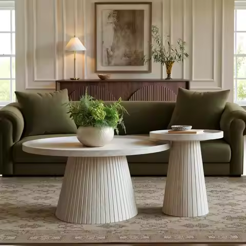 Nesting Coffee Table Set of 2, Modern Fluted Coffee Table with Faux Stone Veneer, Travertine Round T