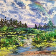 Rainbow River Pond Forest Original Impasto Art 油畫藝術家 Svinar Oksana