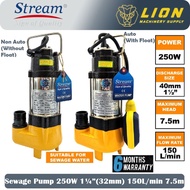 Stream/Unoflow 250W 1¼”(32mm) Submersible Sewage Pump V250/V250F - Flow 150L/min - Height 7.5m -6 Mo