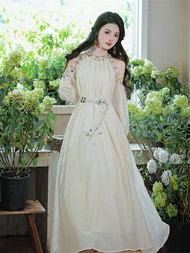 Váy Dài Đi Biển Phong Cách Bohemian Mùa Hè Cho Nữ Váy Dài Tay Dài Cổ Treo Váy Dự Tiệc Váy Công Sở Vá