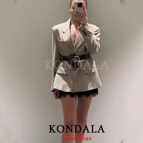 KONDALA Vintage Office Lady Blazer Khaki Striped V Neck Single Breasted Belt Pockets Blazer New Fash