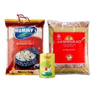 Mummy's Gold Basmati Rice 5KG, Aashirvaad Whole Wheat Flour 5kg, Amul Ghee Yellow Tin 1L (Extra long grain, Basmathi Rice, Grains double in size, Pure ghee, atta, Wheat Flour) (PACK OF 3)
