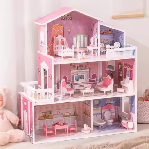 Wooden Dollhouse Playset 3 Stories 5 Rooms 24 PCS Furniture Pretend Play Toys Gift for Toddlers Girl